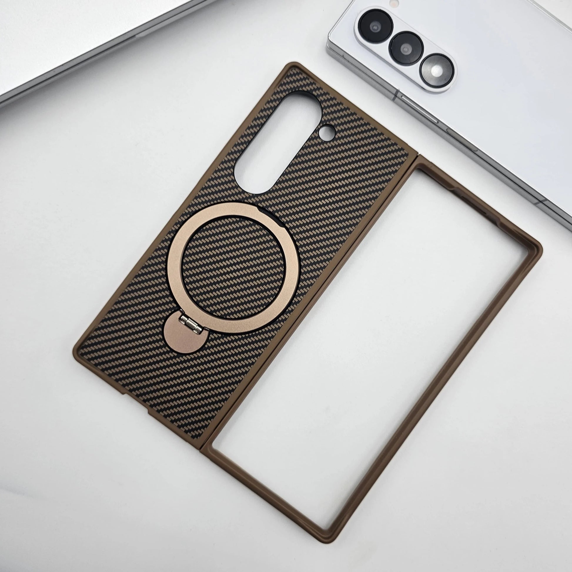 Samsung Galaxy Z Fold7 Carbon Case with Corner Bump and Magnetic Magsafe Ring Kickstand - Desert Brown