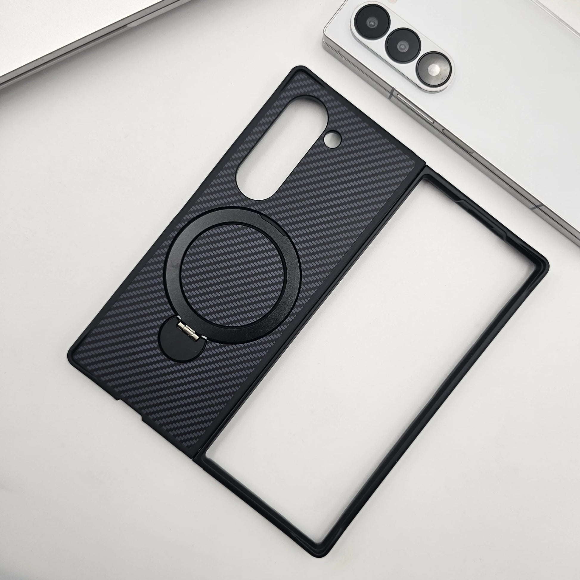 Samsung Galaxy Z Fold7 Carbon Case with Corner Bump and Magnetic Magsafe Ring Kickstand - Black