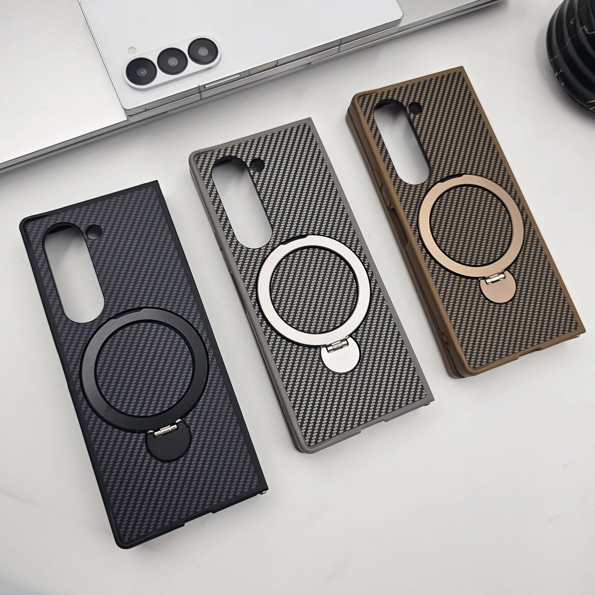 Samsung Galaxy Z Fold7 Carbon Case with Corner Bump and Magnetic Magsafe Ring Kickstand - Desert Brown