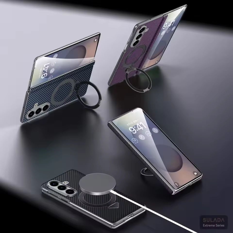 Samsung Galaxy Fold7 SULADA Magnetic Leather Case Carbon Fiber Texture Hinge Cover with Magsafe & Kickstand - Black (Only Back)