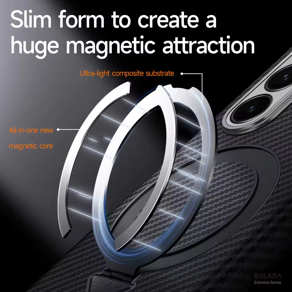 Samsung Galaxy Fold7 SULADA Magnetic Leather Case Carbon Fiber Texture Hinge Cover with Magsafe & Kickstand - Black (Only Back)