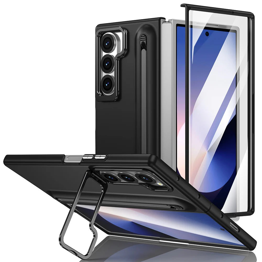 Samsung Galaxy Z Fold7 S-Pen Case, Skin Feel Metal Camera Stand with Front Glass - Black