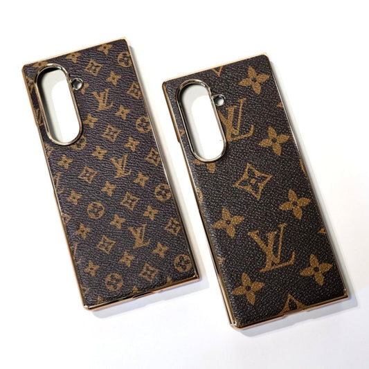 Samsung Galaxy Z Fold7 LV Leather Case, Gold Electroplated Luxurious Premium Louis Vuitton Leather Case