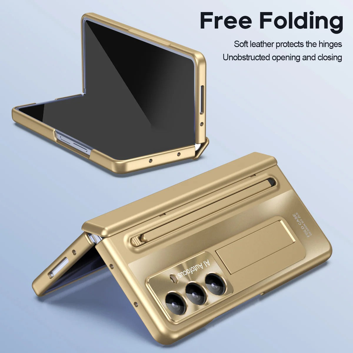 Samsung Galaxy Z Fold7 Electroplating Autofocus S-Pen Case with Kickstand Hinge Protection & Front Glass - Gold