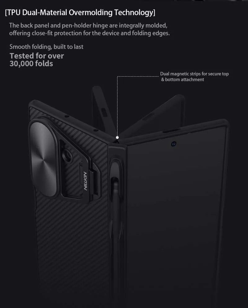 Samsung Galaxy Z Fold7 Nillkin Case, Cam-Shield Prop Series, S-Pen Stylus Hinge Protection, Camera Lens Glass Metal Stand - Black