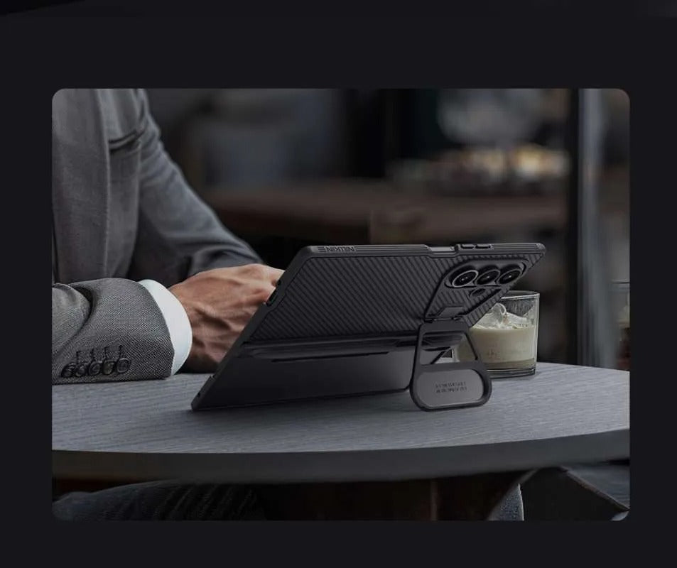 Samsung Galaxy Z Fold7 Nillkin Case, Cam-Shield Prop Series, S-Pen Stylus Hinge Protection, Camera Lens Glass Metal Stand - Black