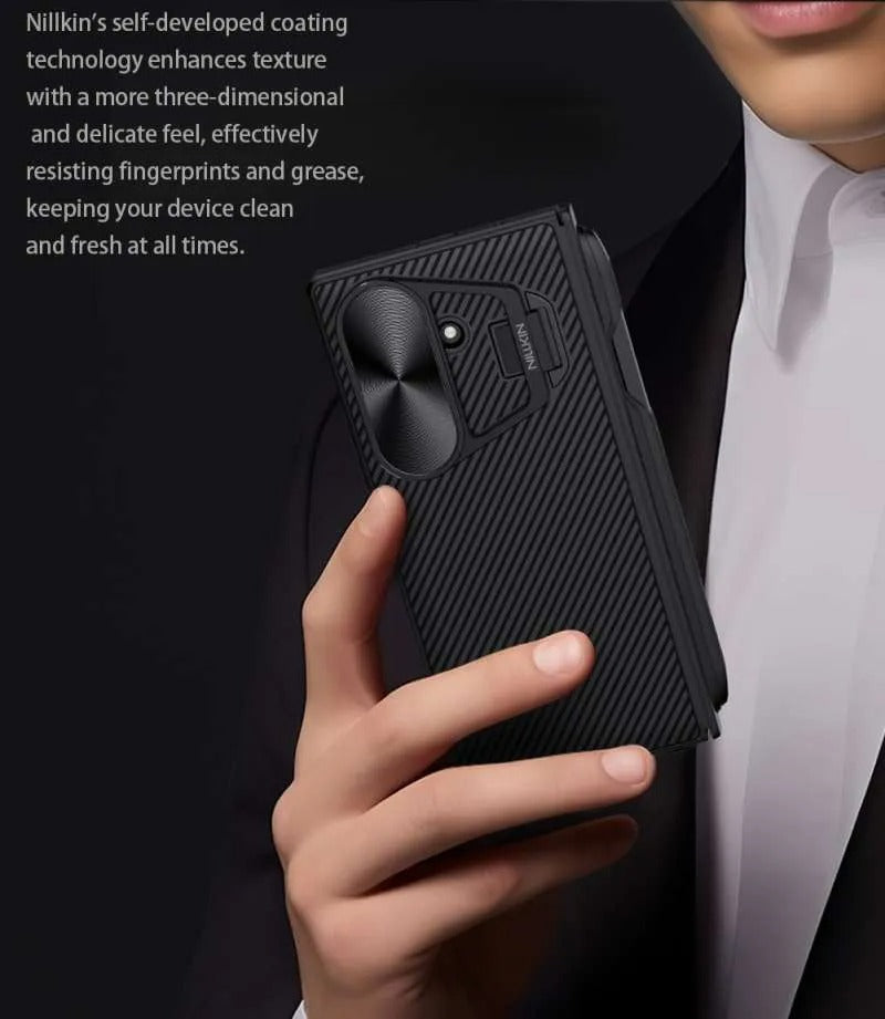 Samsung Galaxy Z Fold7 Nillkin Case, Cam-Shield Prop Series, S-Pen Stylus Hinge Protection, Camera Lens Glass Metal Stand - Black
