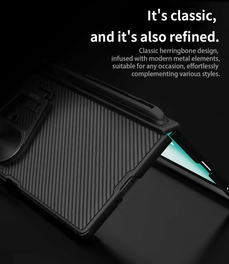 Samsung Galaxy Z Fold7 Nillkin Case, Cam-Shield Prop Series, S-Pen Stylus Hinge Protection, Camera Lens Glass Metal Stand - Black