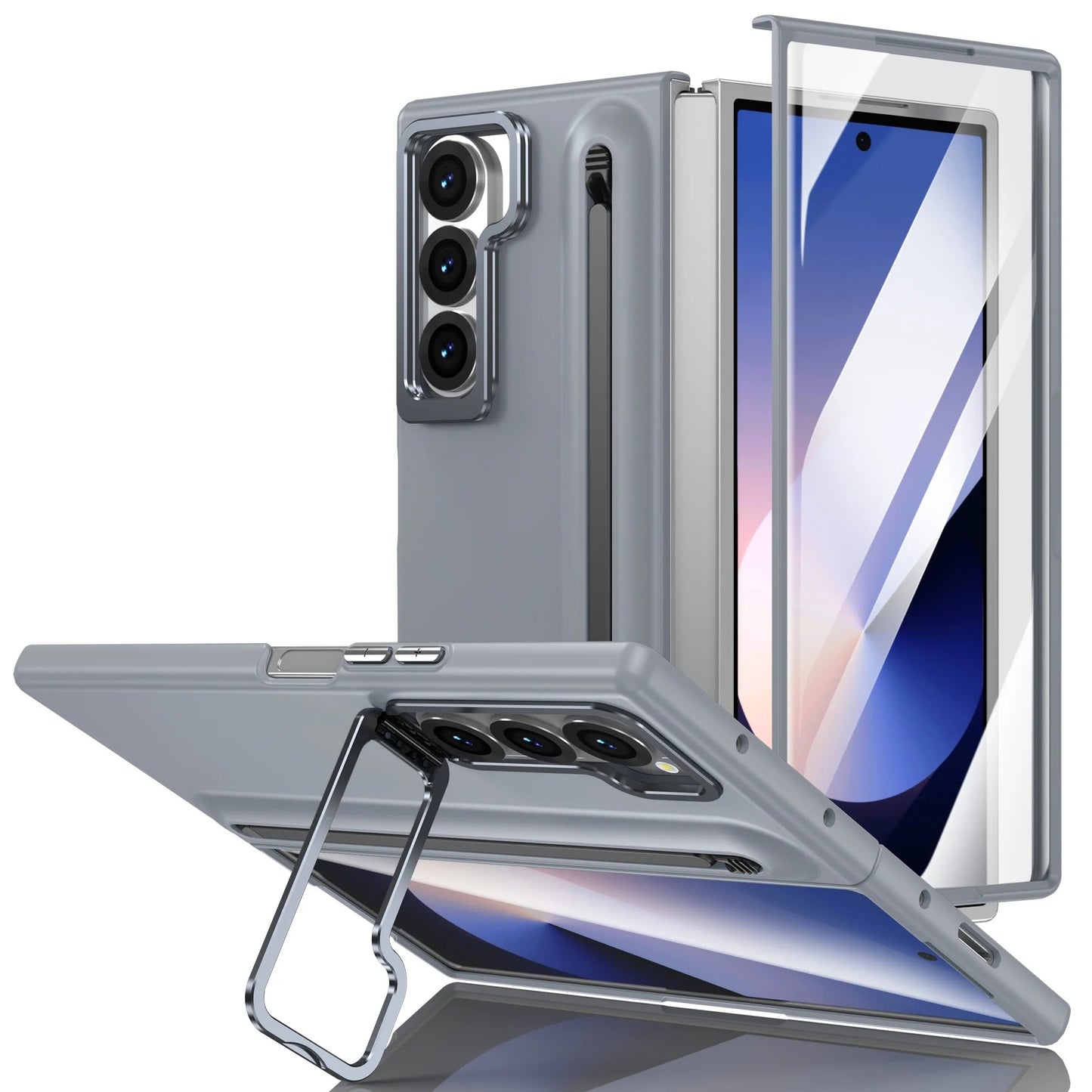 Samsung Galaxy Z Fold7 S-Pen Case, Skin Feel Metal Camera Stand with Front Glass - Grey