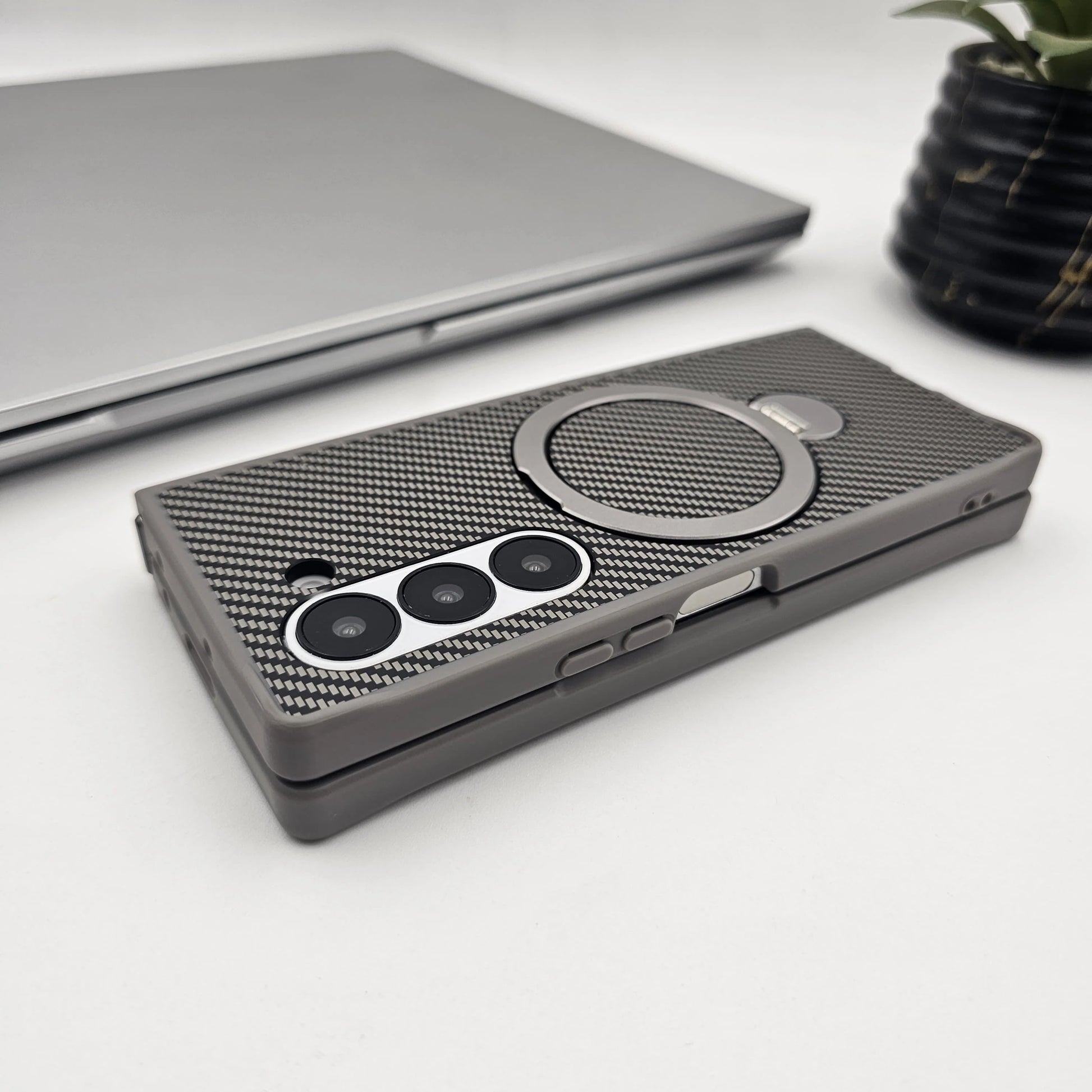 Samsung Galaxy Z Fold7 Carbon Case with Corner Bump and Magnetic Magsafe Ring Kickstand - Grey