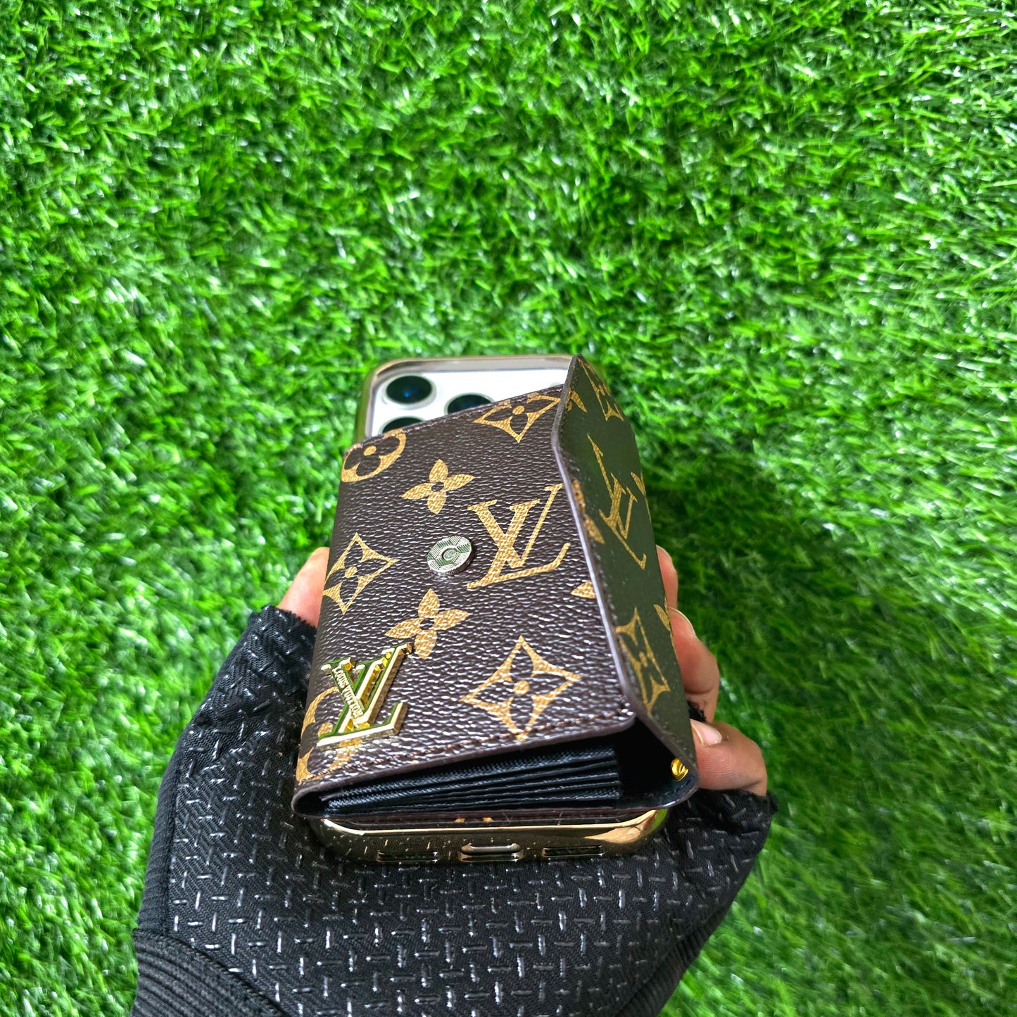 iPhone 17 Pro Luxurious Electroplating LV Leather Case with Wallet Card Holder