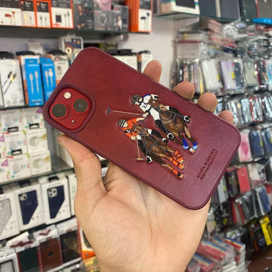 iPhone 14 Plus Luxury 3D Embroided Polo Jockey Series Woven Leather Case