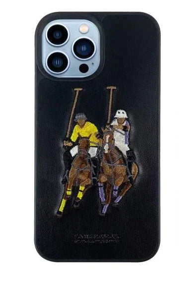 iPhone 14 Pro Luxury 3D Embroided Polo Jockey Series Woven Leather Case