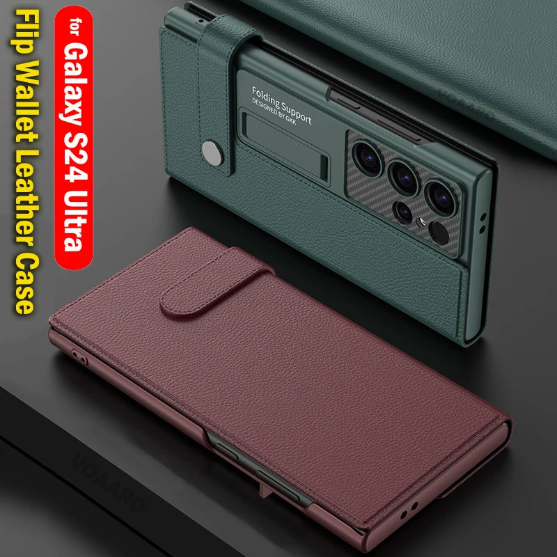 Samsung Galaxy S24 Ultra Leather Wallet Flip Cover With Kickstand Hard PC