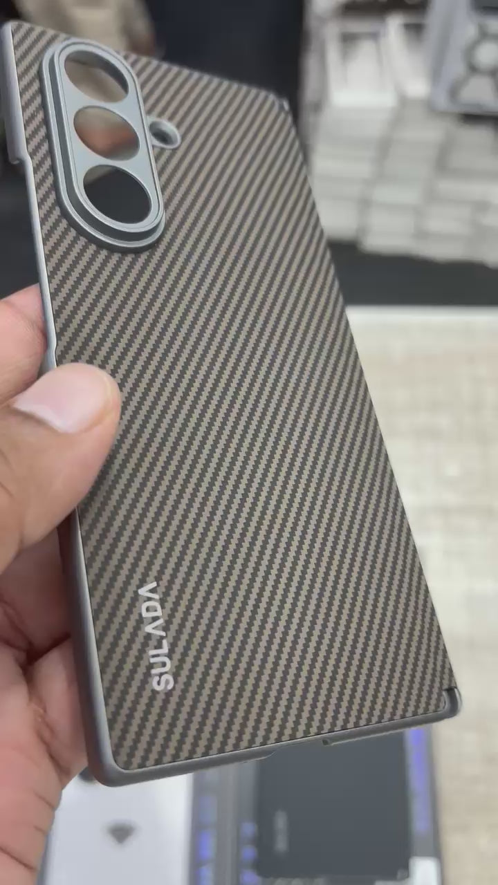 Samsung Galaxy Fold7 SULADA Magnetic Leather Case Carbon Fiber Texture Hinge Cover Camera Protection with Magsafe - Black (Only Back)