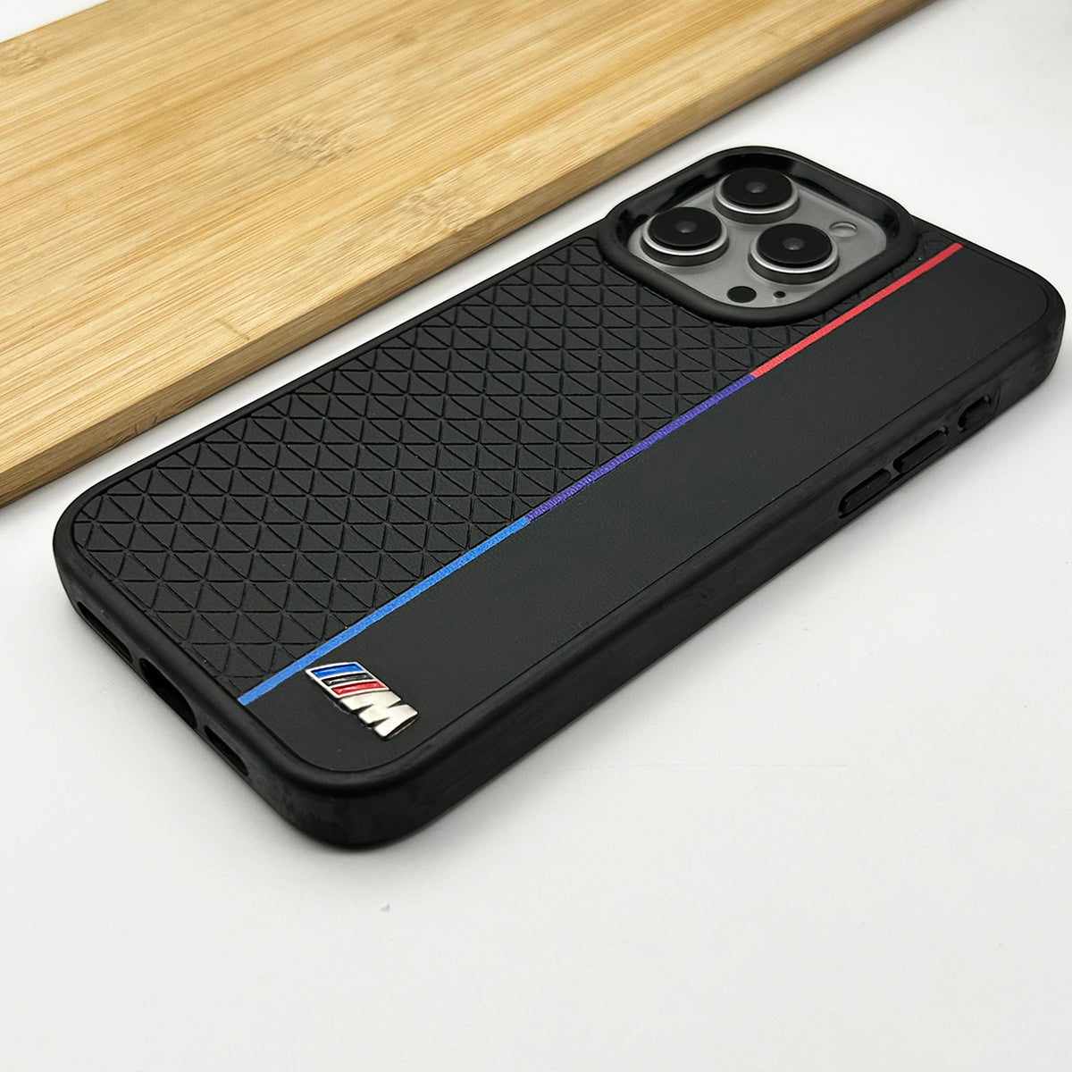 iPhone 15 Pro Max BMW Case, Sports Car BMW M Performance Logo Leather Back cover