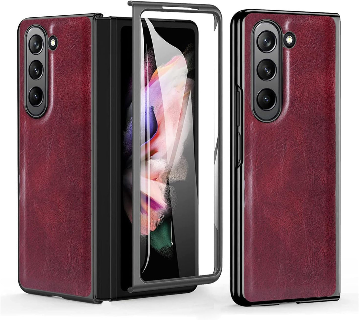 Samsung Galaxy Z Fold 5 PU Leather Chrome Plated With Front Screen Protector Case- Red