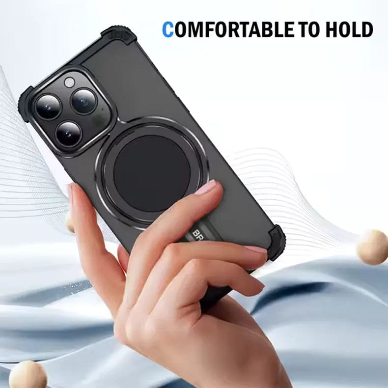 iPhone 16 Pro Max Metal Case Invisible Magnetic O Shape Ring Stand Frameless Metal Case - Black