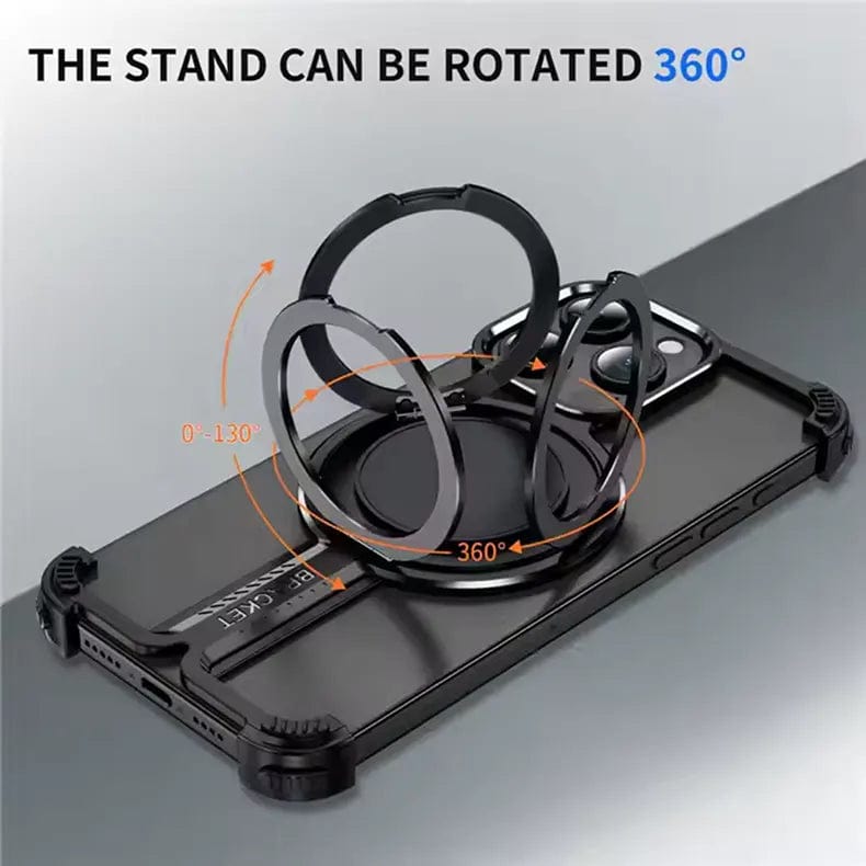 iPhone 16 Pro Max Metal Case Invisible Magnetic O Shape Ring Stand Frameless Metal Case - Black