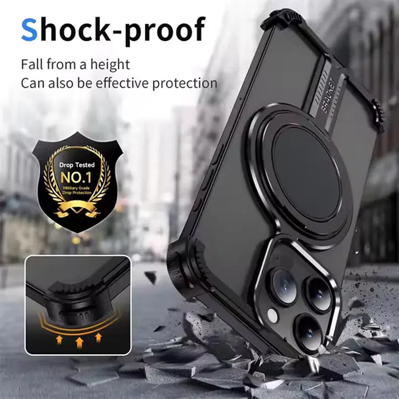 iPhone 16 Pro Max Metal Case Invisible Magnetic O Shape Ring Stand Frameless Metal Case - Black