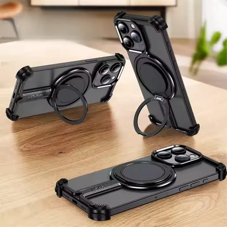 iPhone 16 Pro Max Metal Case Invisible Magnetic O Shape Ring Stand Frameless Metal Case - Black