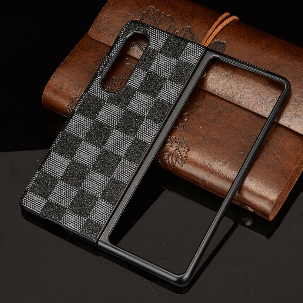 Samsung Galaxy Z Fold 3 Check Pattern Leather Back Case-Black