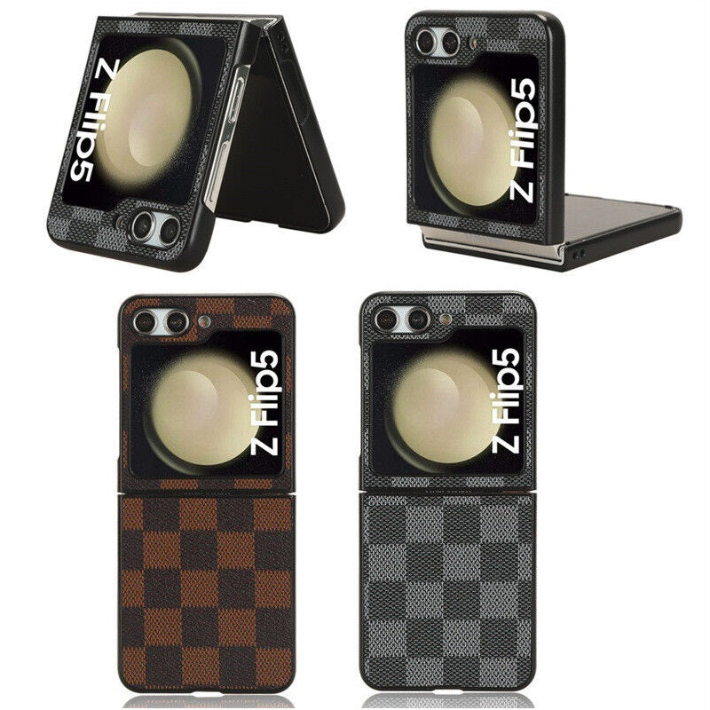 Samsung Galaxy Z Flip 5 Check Pattern Leather Back Case-Brown