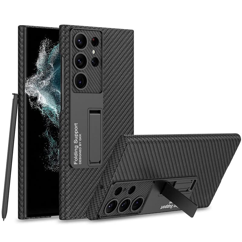 Samsung Galaxy S23 Ultra Luxury Carbon Fiber Light Weighted with Kickstand and Shockproof Case - Carbon Black