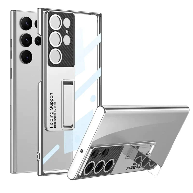 Samsung Galaxy S24 Ultra Luxury Transparent Electroplating Crystal Clear Carbon Camera with Kickstand - Silver / Wine