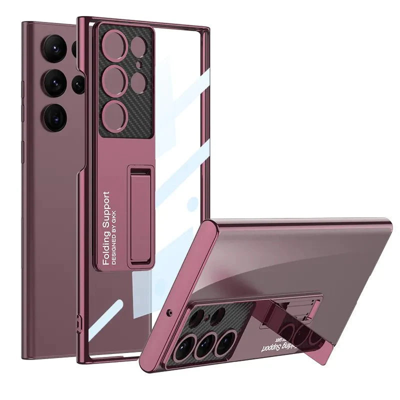 Samsung Galaxy S24 Ultra Luxury Transparent Electroplating Crystal Clear Carbon Camera with Kickstand - Silver / Wine