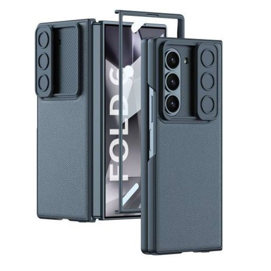 Samsung Galaxy Z Fold 6 Leather Case with Slide Camera Cover Front In-Built Glass - Blue