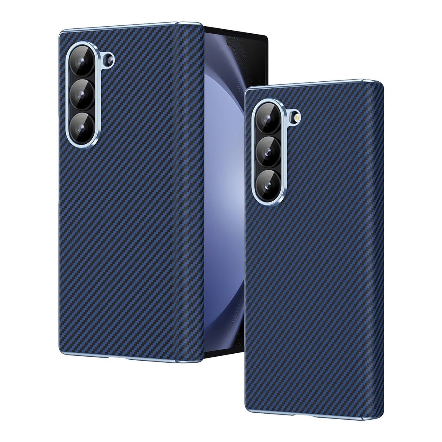 Samsung Galaxy Z Fold6 Leather Carbon Textured Electroplated Case with Hinge Protection & Front Glass - Blue