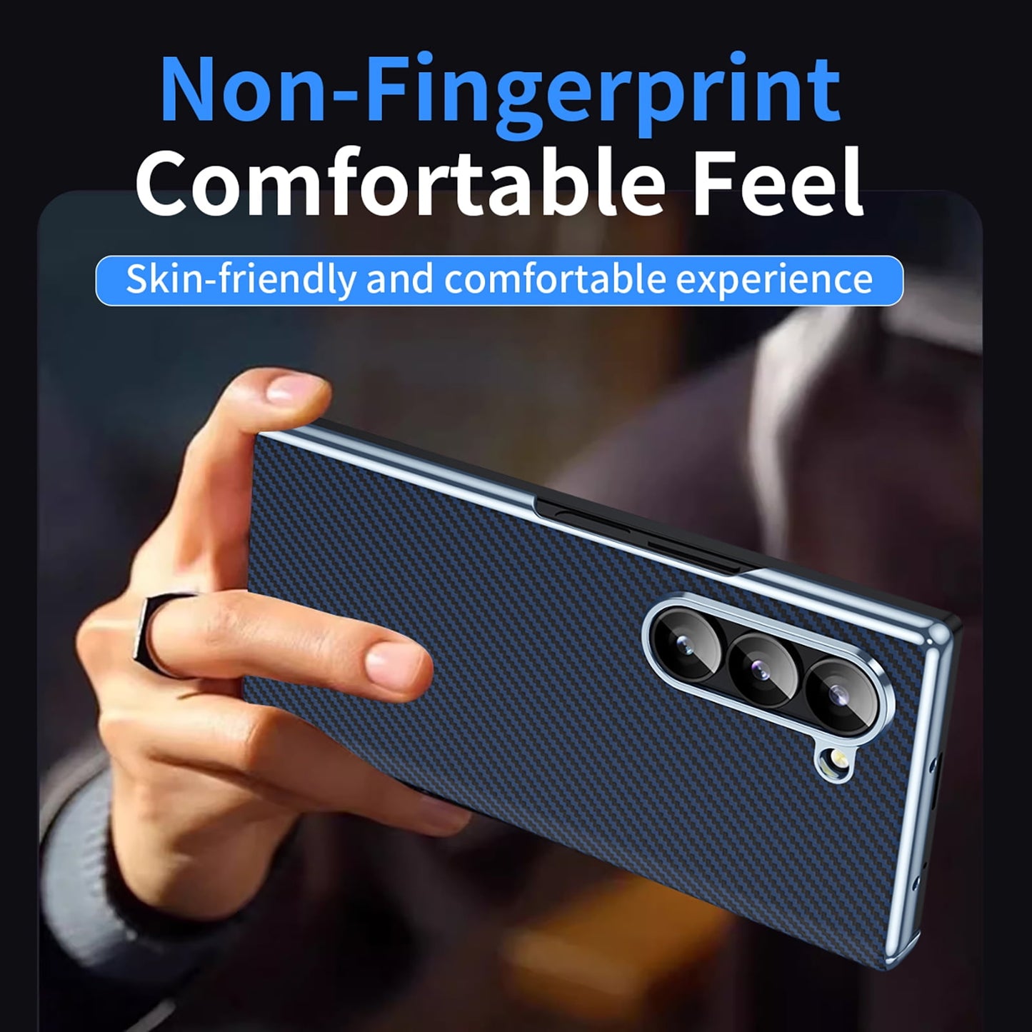 Samsung Galaxy Z Fold6 Leather Carbon Textured Electroplated Case with Hinge Protection & Front Glass - Blue