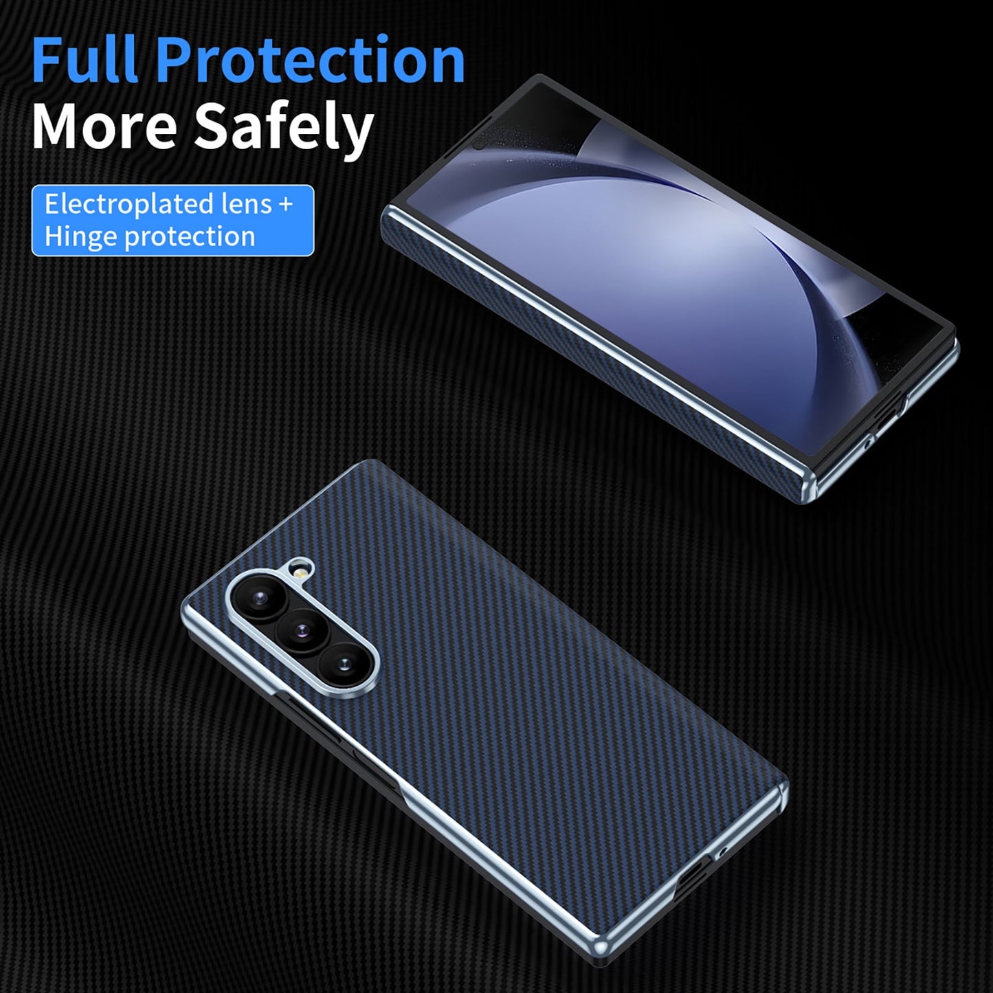 Samsung Galaxy Z Fold6 Leather Carbon Textured Electroplated Case with Hinge Protection & Front Glass - Blue