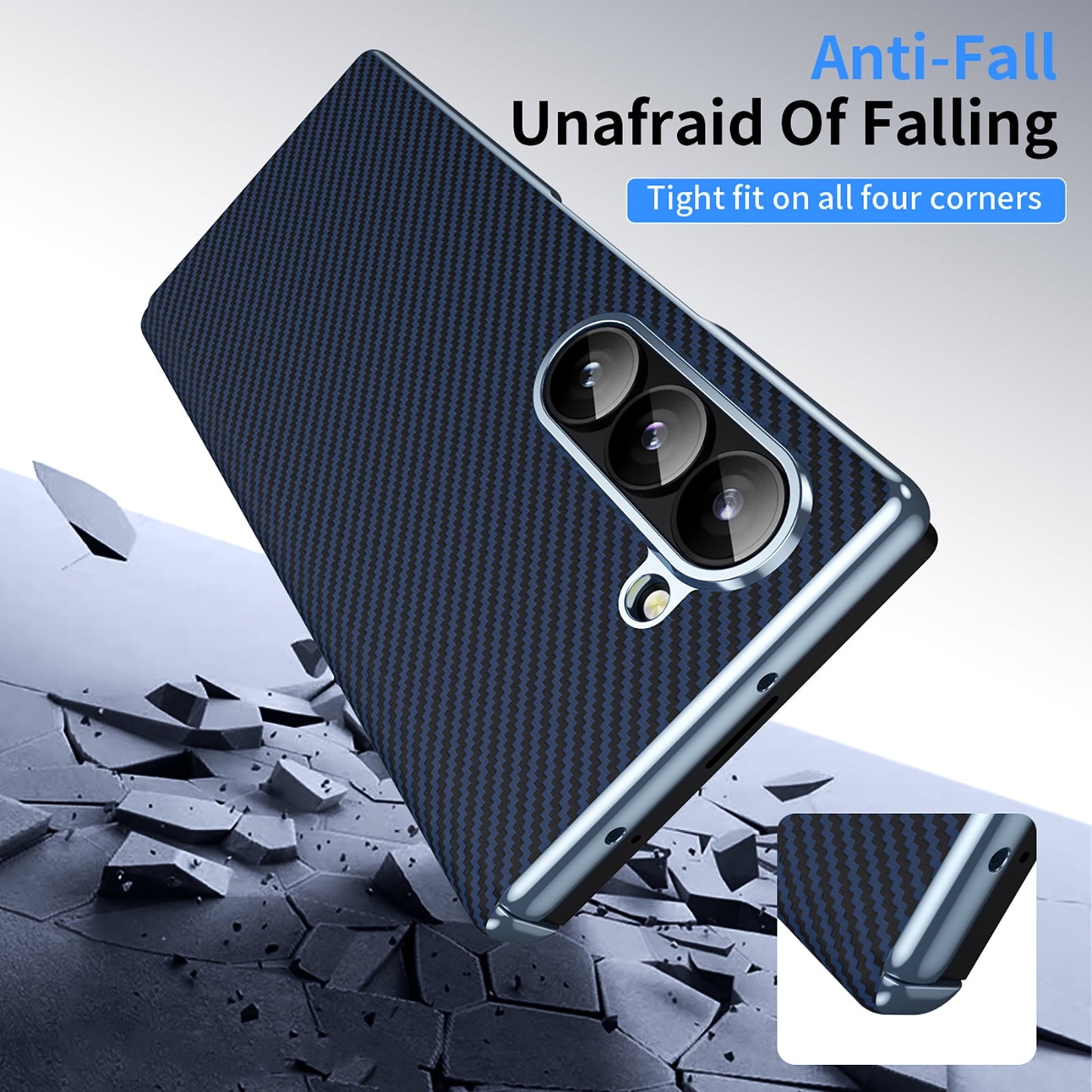 Samsung Galaxy Z Fold6 Leather Carbon Textured Electroplated Case with Hinge Protection & Front Glass - Blue