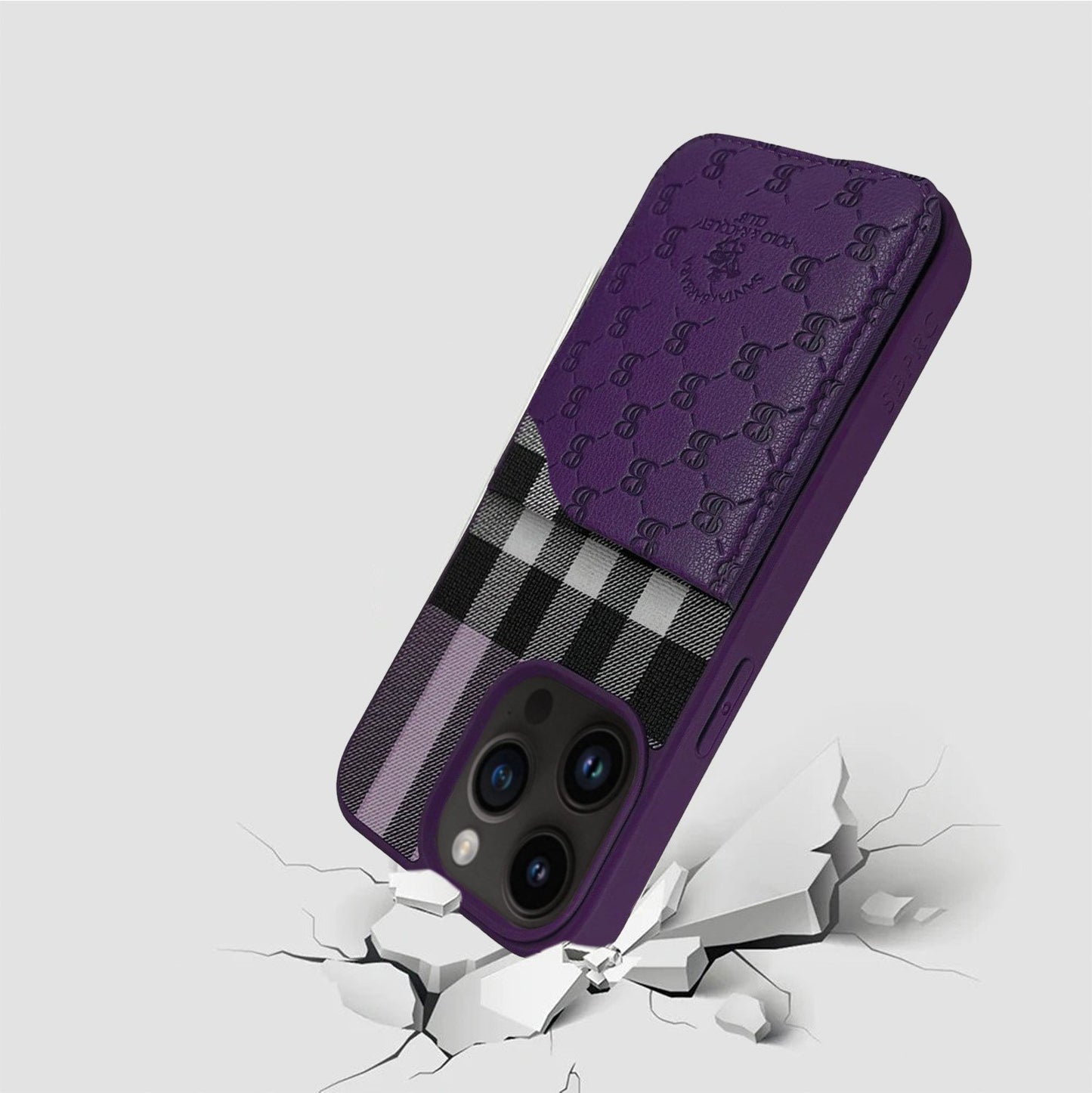 iPhone 14 Pro Max Santa Barbara Card Holder Genuine Leather Case Plaid Series