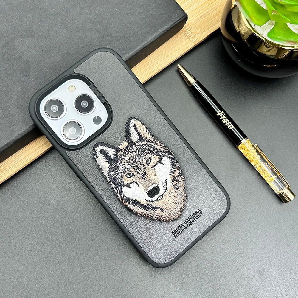 iPhone 14 Pro Max Santa Barbara 3D Embraided Wolf Face Savana Series Leather Case