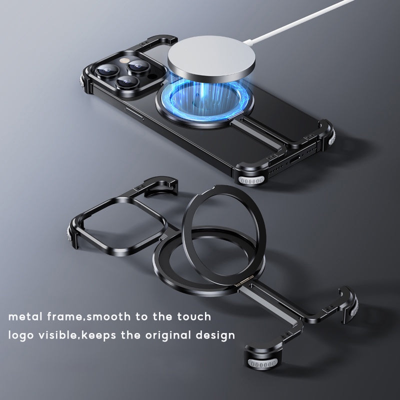 iPhone 15 Pro Metal Case Invisible Magnetic O Shape Ring Stand Frameless Metal Case - Black