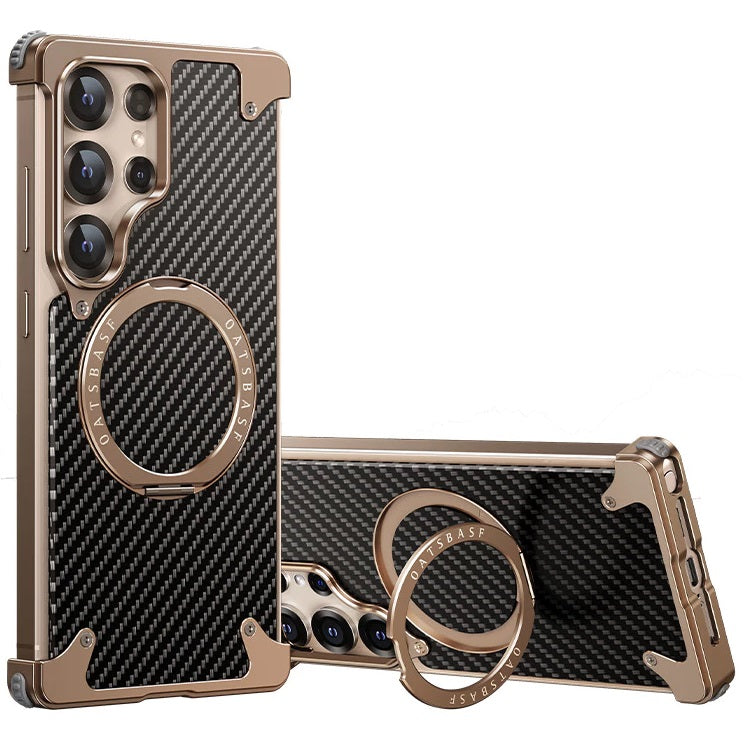 Samsung Galaxy S25 Ultra Metal Case, Frameless Metal Carbon Case Strong Magnetic Kickstand with 360ยฐ Rotation Ring