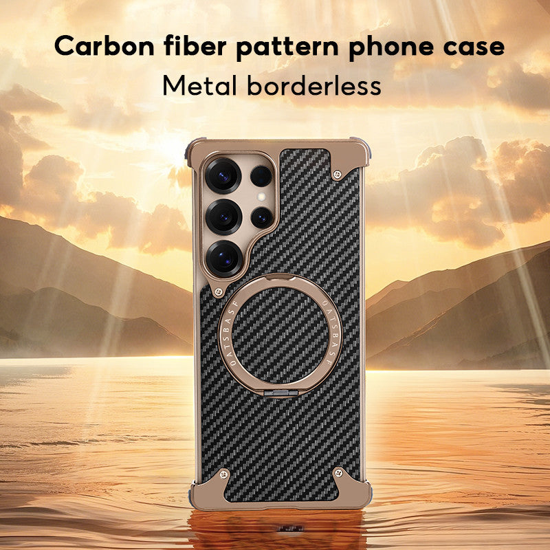 Samsung Galaxy S25 Ultra Metal Case, Frameless Metal Carbon Case Strong Magnetic Kickstand with 360ยฐ Rotation Ring