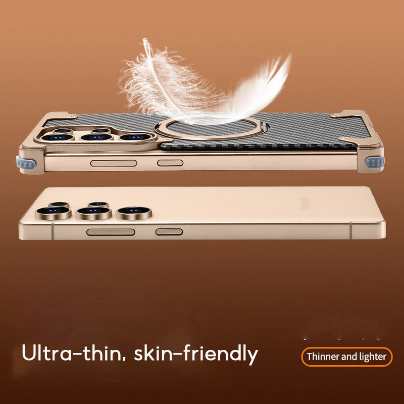 Samsung Galaxy S25 Ultra Metal Case, Frameless Metal Carbon Case Strong Magnetic Kickstand with 360ยฐ Rotation Ring