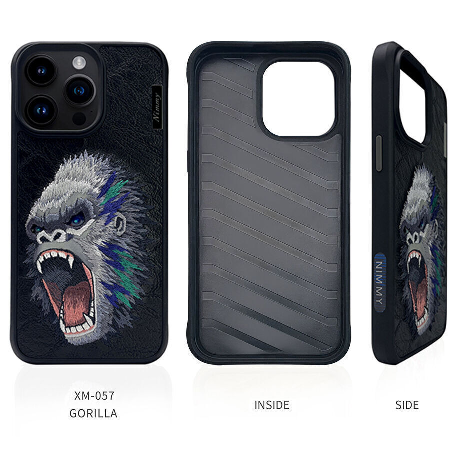 iPhone 14 Pro Max Nimmy 3D Embroided Colourful Gorilla Face Leather Case - Black