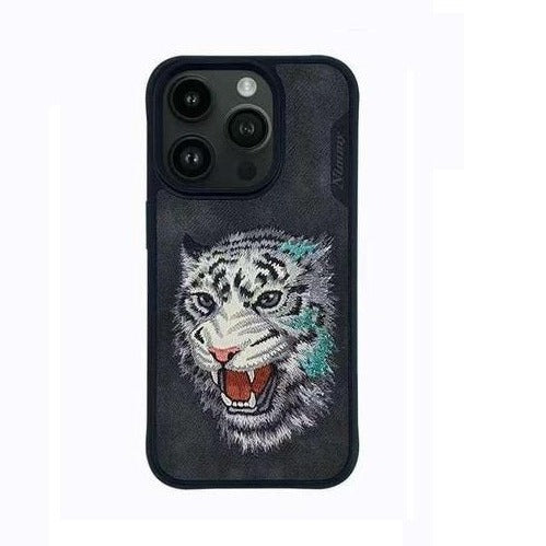 iPhone 15 Pro Max Nimmy 3D Embroided Leather Tiger Back Case