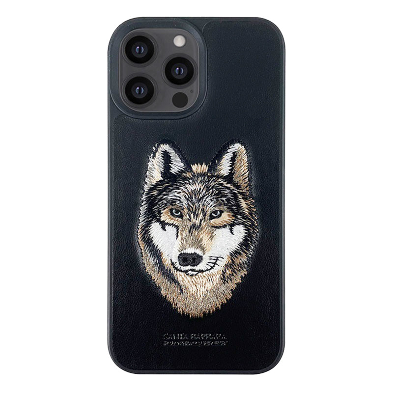 iPhone 14 Pro Max Santa Barbara 3D Embraided Wolf Face Savana Series Leather Case