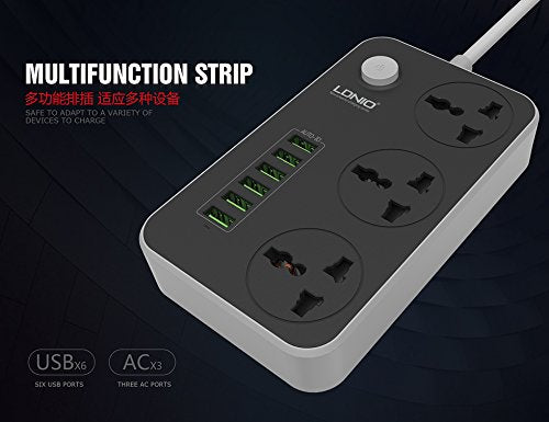 DNIO Power Strip Surge Protector with 3 Universal International Socket & Smart 6 USB Charging Ports 3.4A || 2 Metre Cord Length || 2500W 10A
