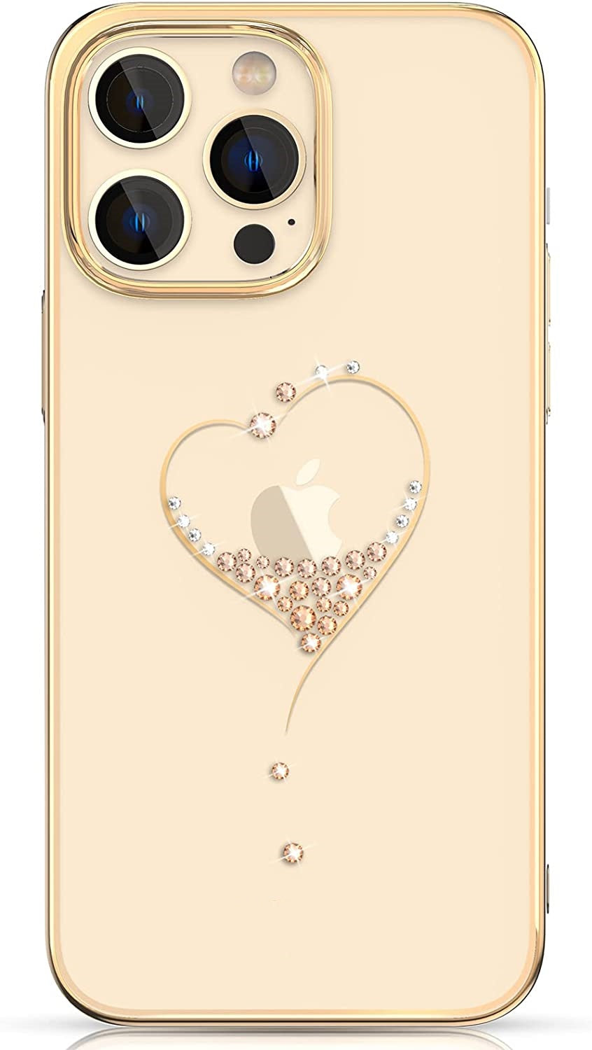 iPhone 14 Pro Kingxbar Heart Rhinestone Diamond Plated Hard Clear PC Back Cover-Gold