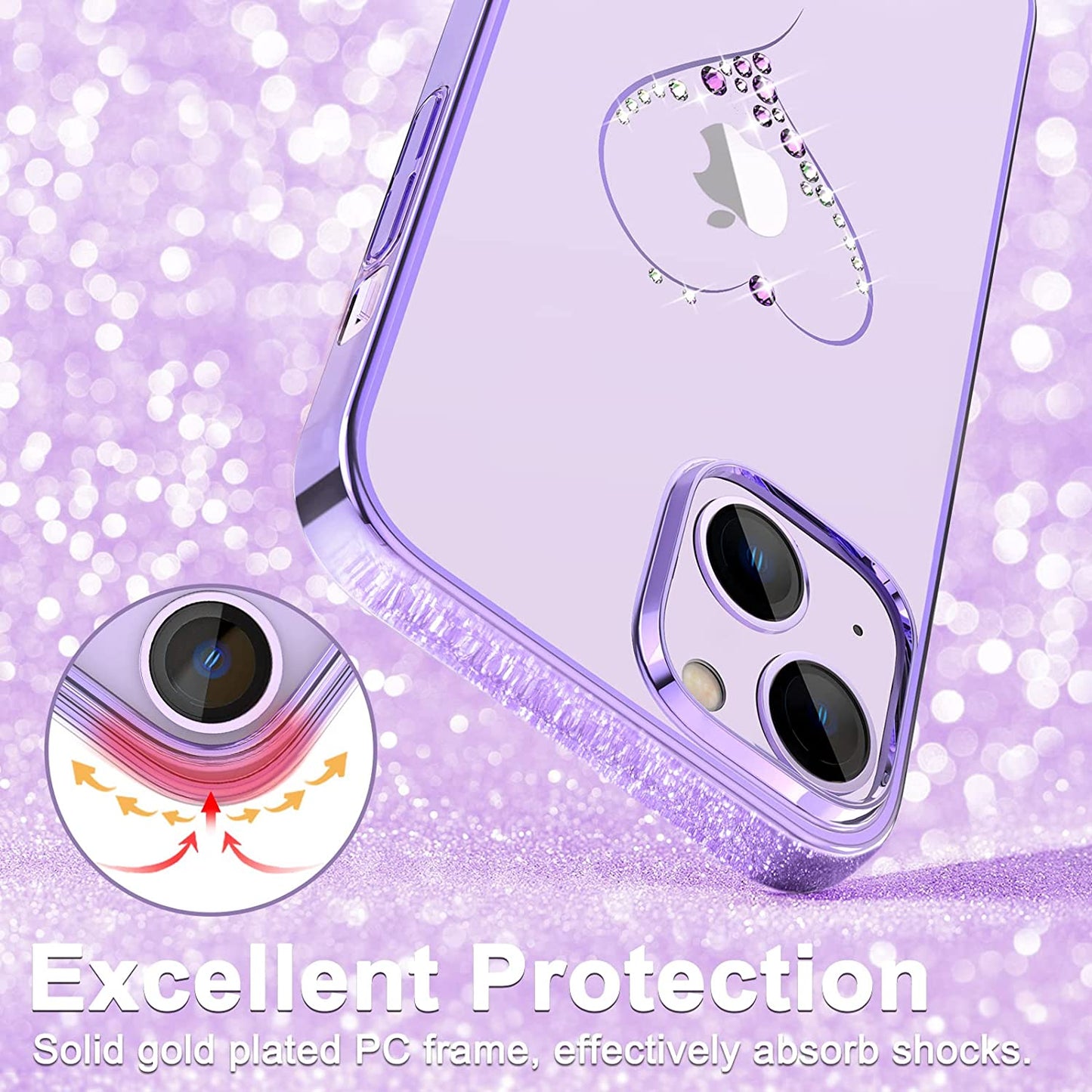 iPhone 14 Kingxbar Heart Rhinestone Diamond Plated Hard Clear PC Back Cover-Purple