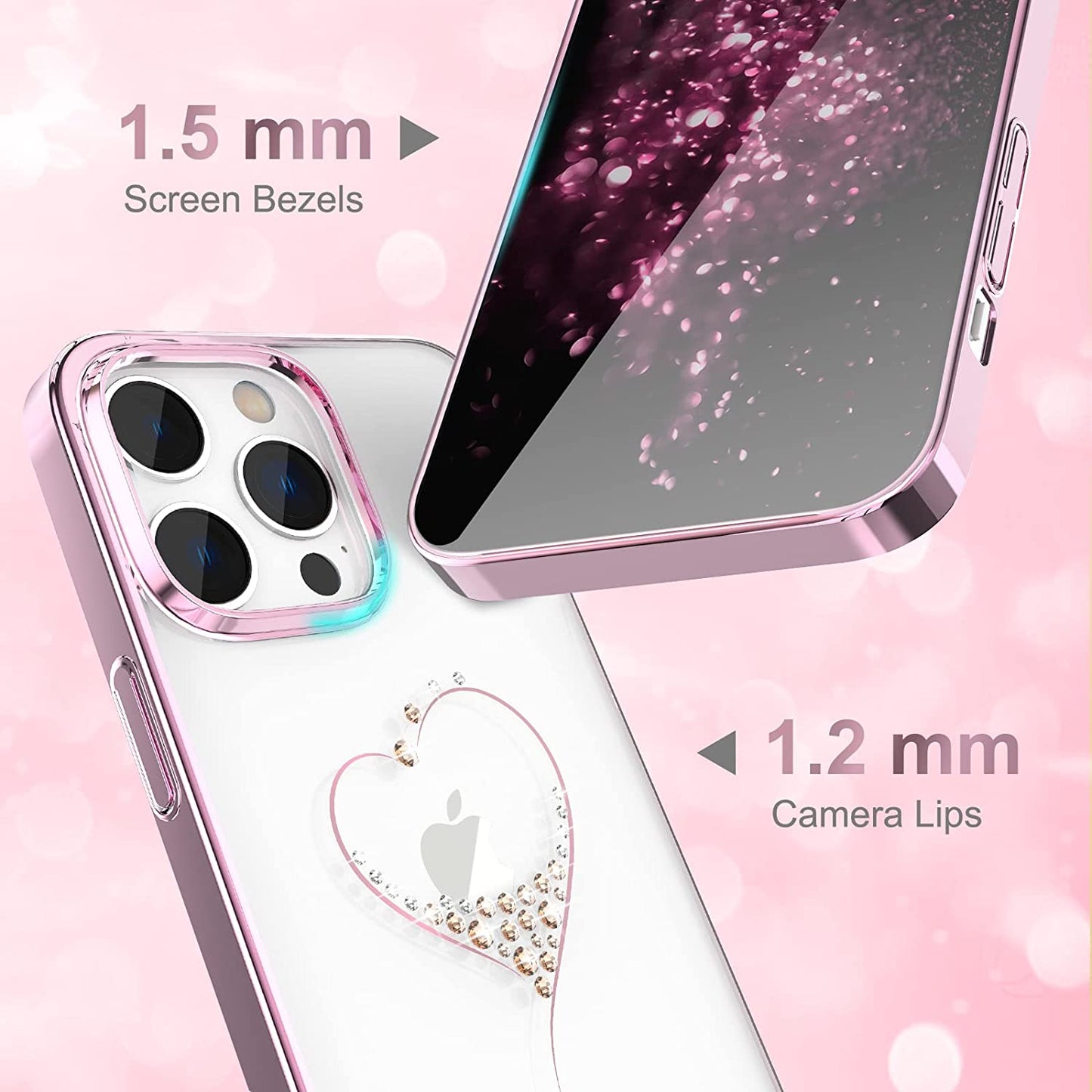 iPhone 14 Pro Max Kingxbar Heart Rhinestone Diamond Plated Hard Clear PC Back Cover-Rose Gold