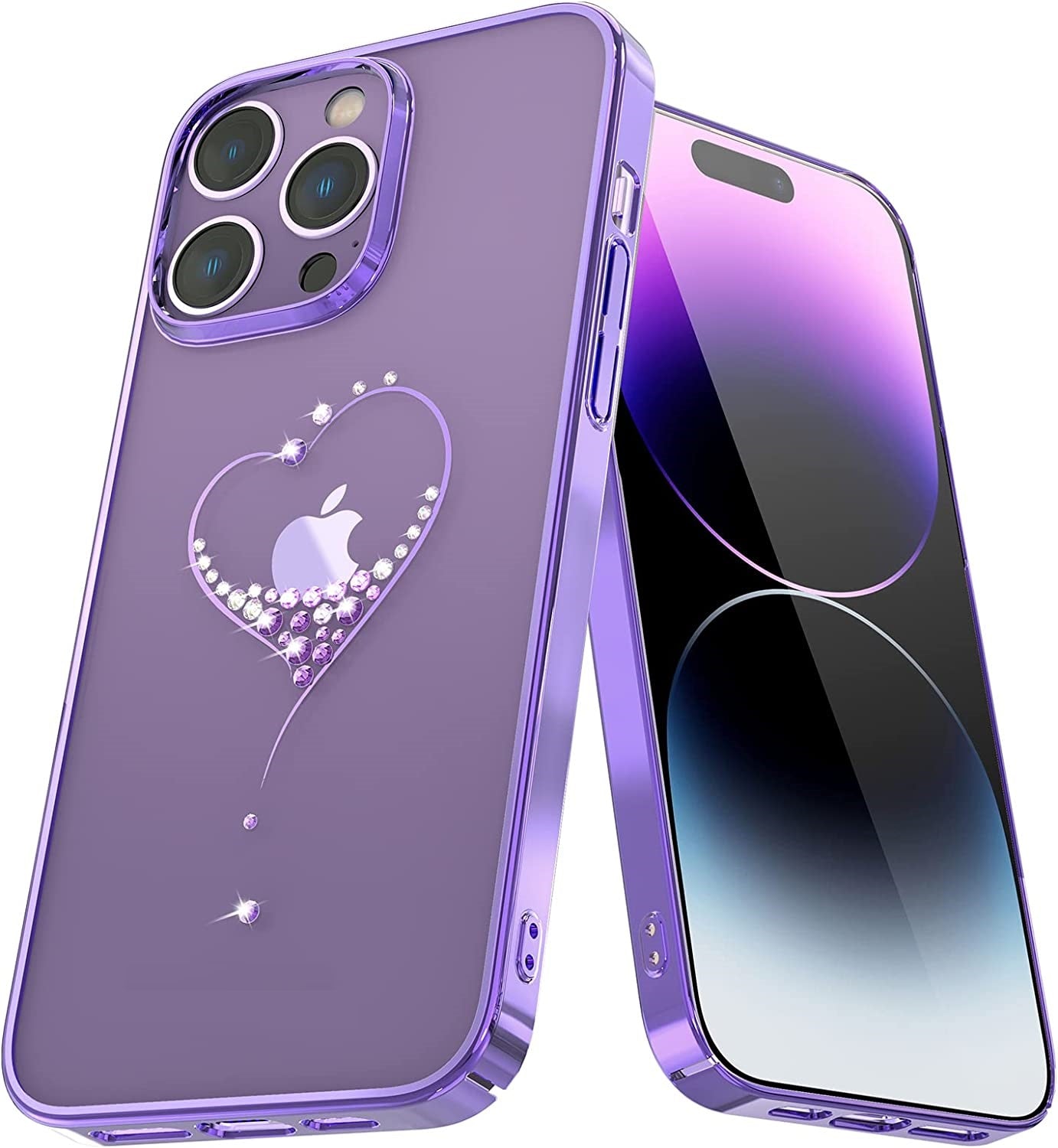 iPhone 14 Pro Kingxbar Heart Rhinestone Diamond Plated Hard Clear PC Back Cover-Purple