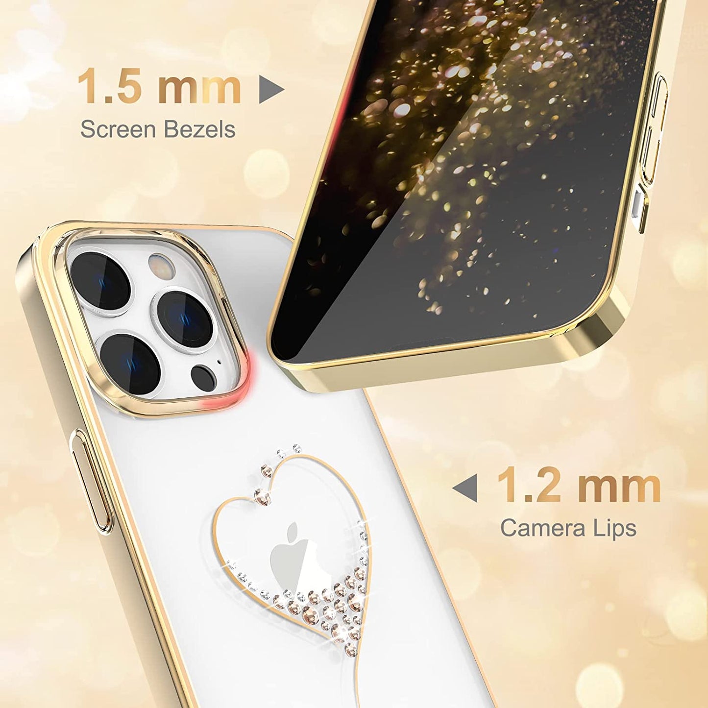iPhone 14 Pro Max Kingxbar Heart Rhinestone Diamond Plated Hard Clear PC Back Cover-Gold